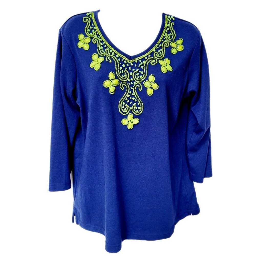 Quacker Factory Womens Embellished Top M Artsy Boho Statement Beaded
